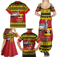 Uganda Christmas Family Matching Summer Maxi Dress and Hawaiian Shirt Grey Crowned Crane With Flag Map - Wonder Print Shop