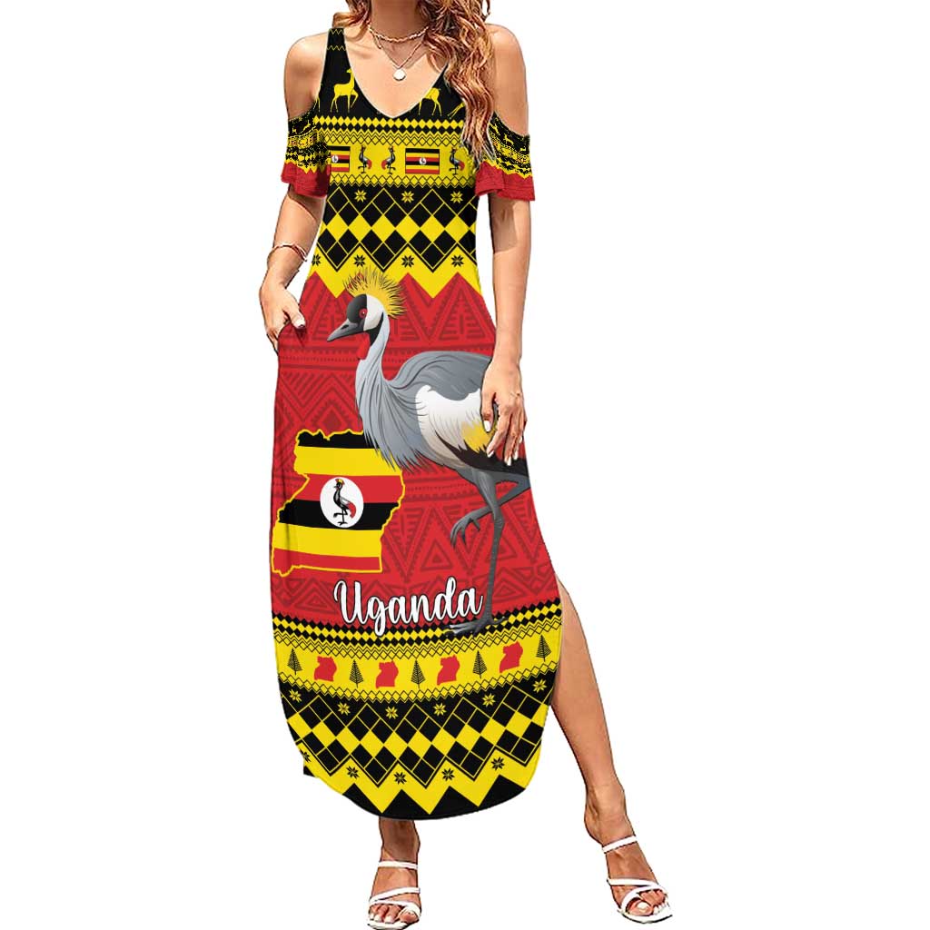 Uganda Christmas Family Matching Summer Maxi Dress and Hawaiian Shirt Grey Crowned Crane With Flag Map - Wonder Print Shop