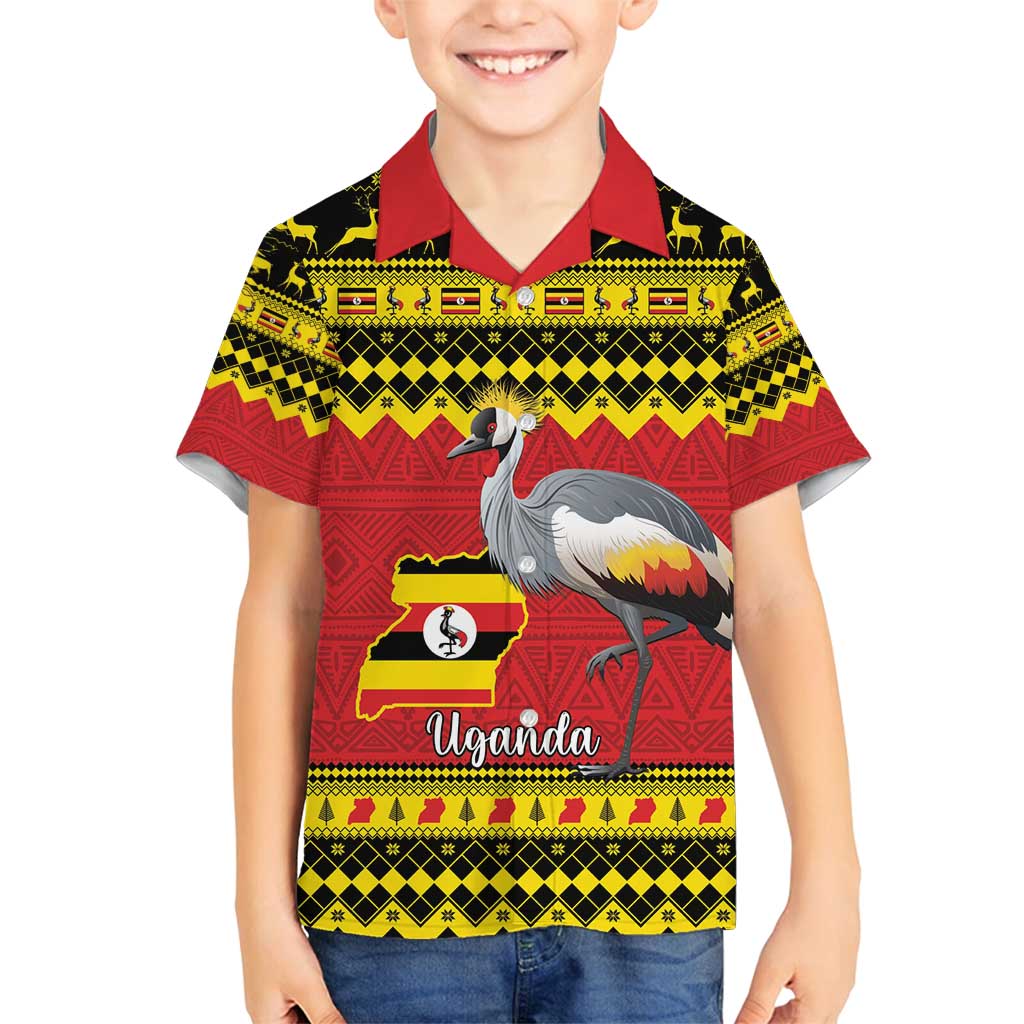 Uganda Christmas Family Matching Summer Maxi Dress and Hawaiian Shirt Grey Crowned Crane With Flag Map - Wonder Print Shop
