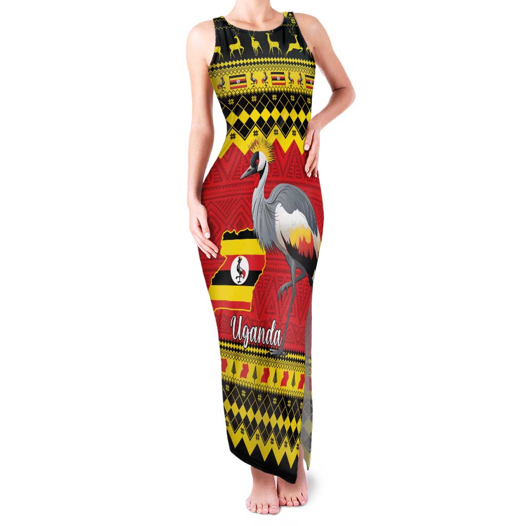 Uganda Christmas Family Matching Tank Maxi Dress and Hawaiian Shirt Grey Crowned Crane With Flag Map - Wonder Print Shop