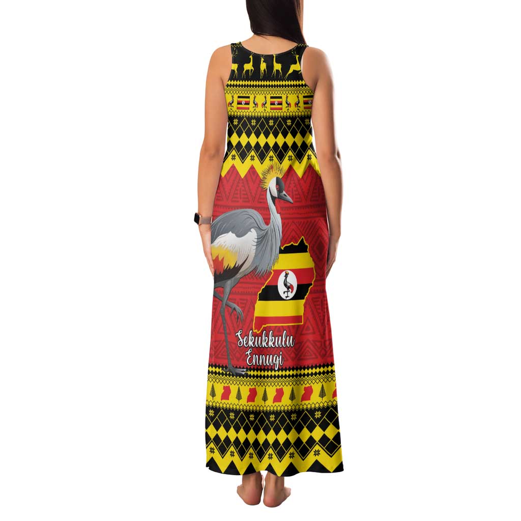 Uganda Christmas Family Matching Tank Maxi Dress and Hawaiian Shirt Grey Crowned Crane With Flag Map - Wonder Print Shop