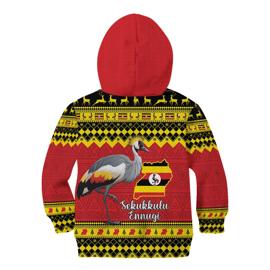 Uganda Christmas Kid Hoodie Grey Crowned Crane With Flag Map - Wonder Print Shop