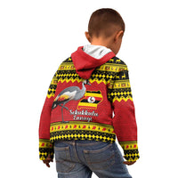 Uganda Christmas Kid Hoodie Grey Crowned Crane With Flag Map - Wonder Print Shop