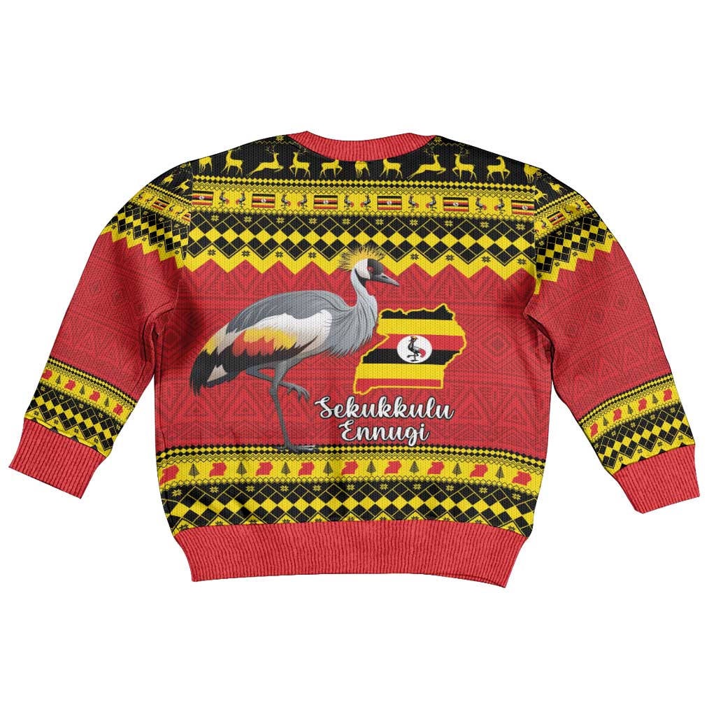 Uganda Christmas Kid Ugly Christmas Sweater Grey Crowned Crane With Flag Map - Wonder Print Shop