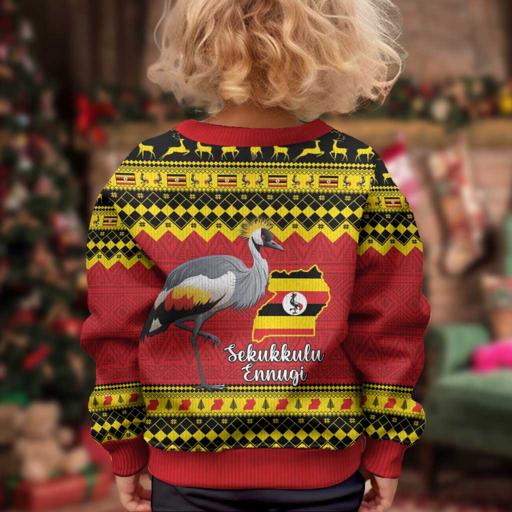 Uganda Christmas Kid Ugly Christmas Sweater Grey Crowned Crane With Flag Map - Wonder Print Shop