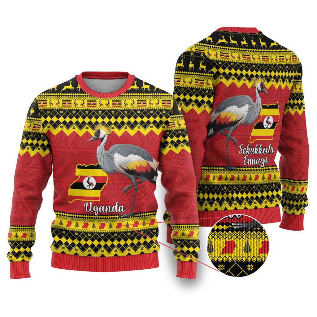 Uganda Christmas Ugly Christmas Sweater Grey Crowned Crane With Flag Map - Wonder Print Shop