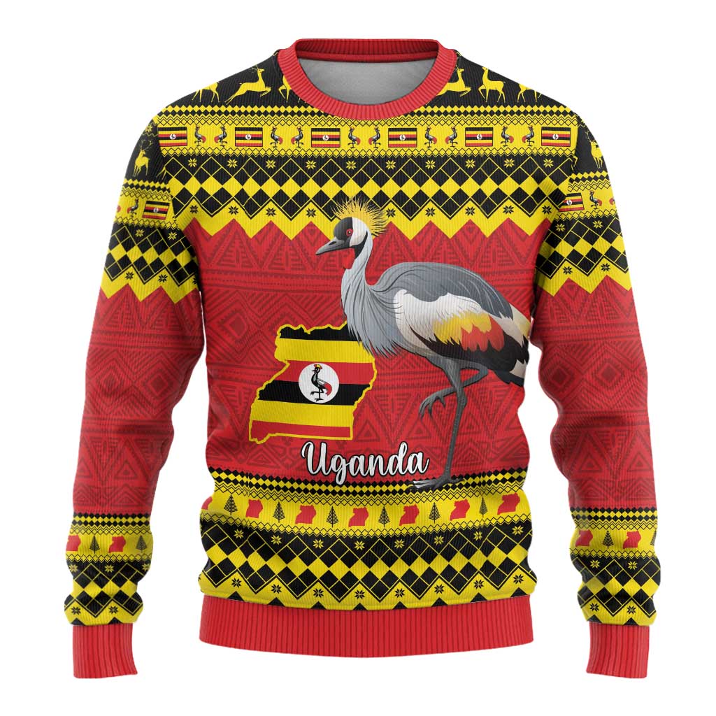 Uganda Christmas Ugly Christmas Sweater Grey Crowned Crane With Flag Map - Wonder Print Shop