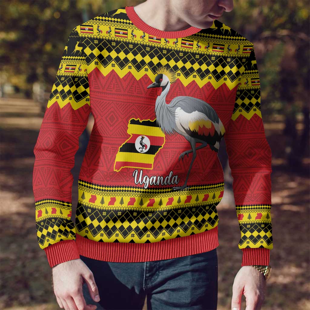 Uganda Christmas Ugly Christmas Sweater Grey Crowned Crane With Flag Map - Wonder Print Shop