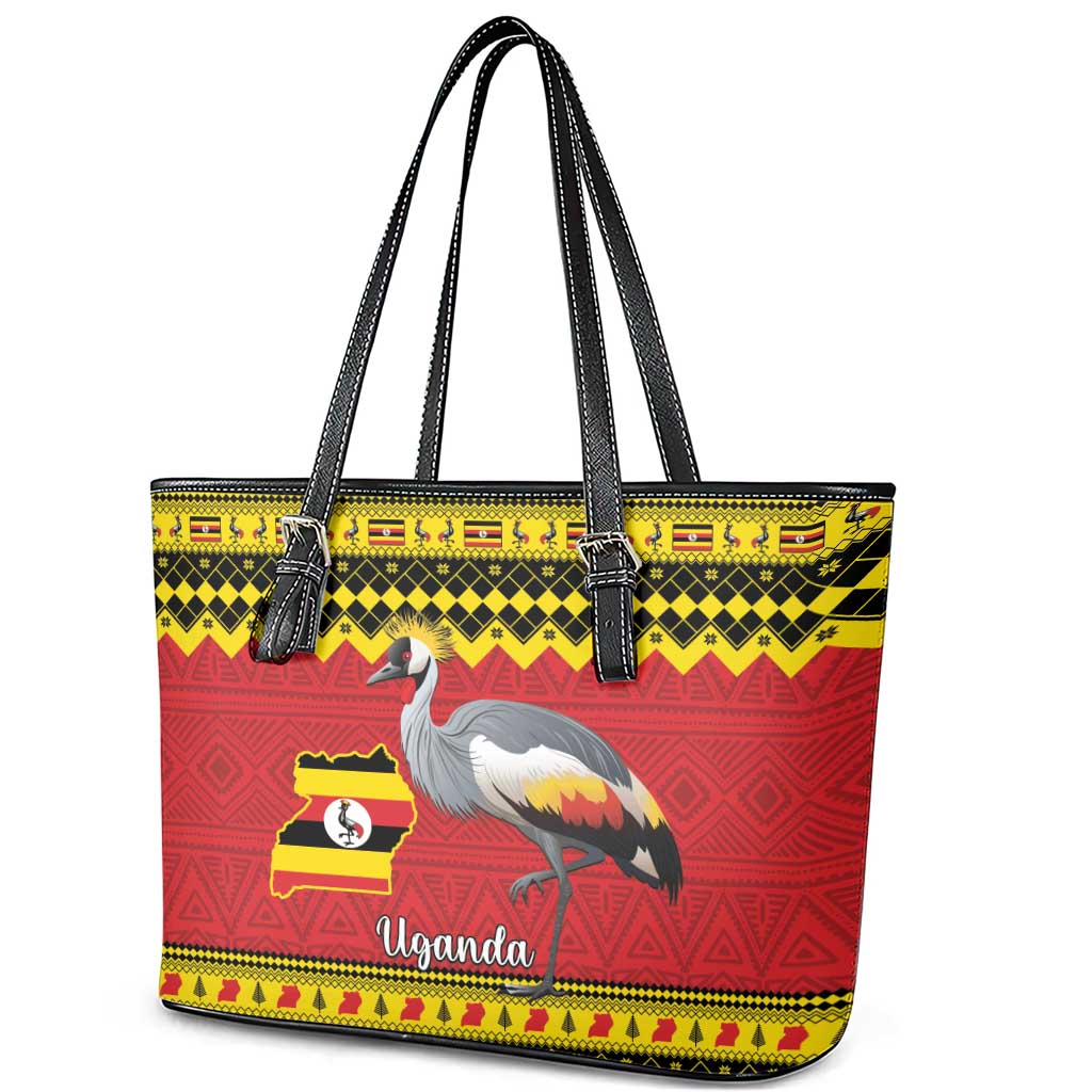 Uganda Christmas Leather Tote Bag Grey Crowned Crane With Flag Map - Wonder Print Shop