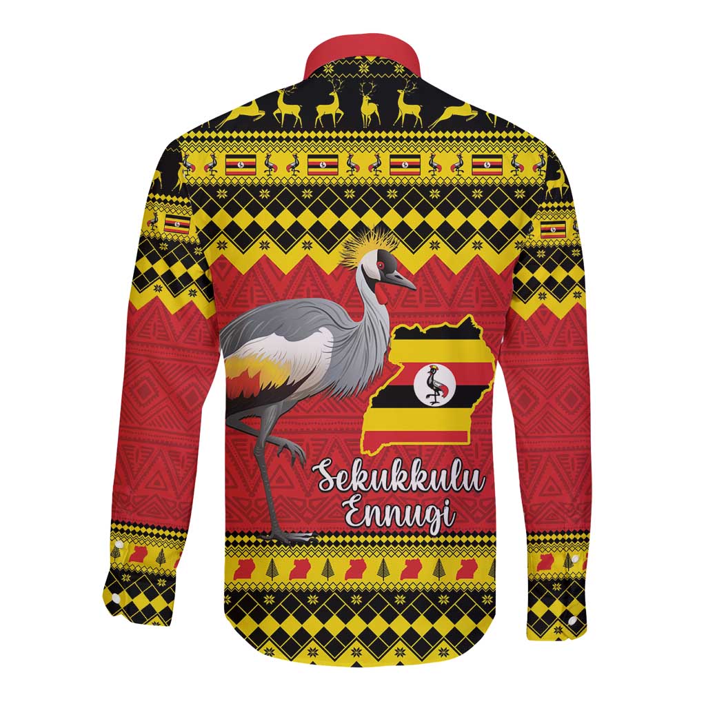 Uganda Christmas Long Sleeve Button Shirt Grey Crowned Crane With Flag Map - Wonder Print Shop