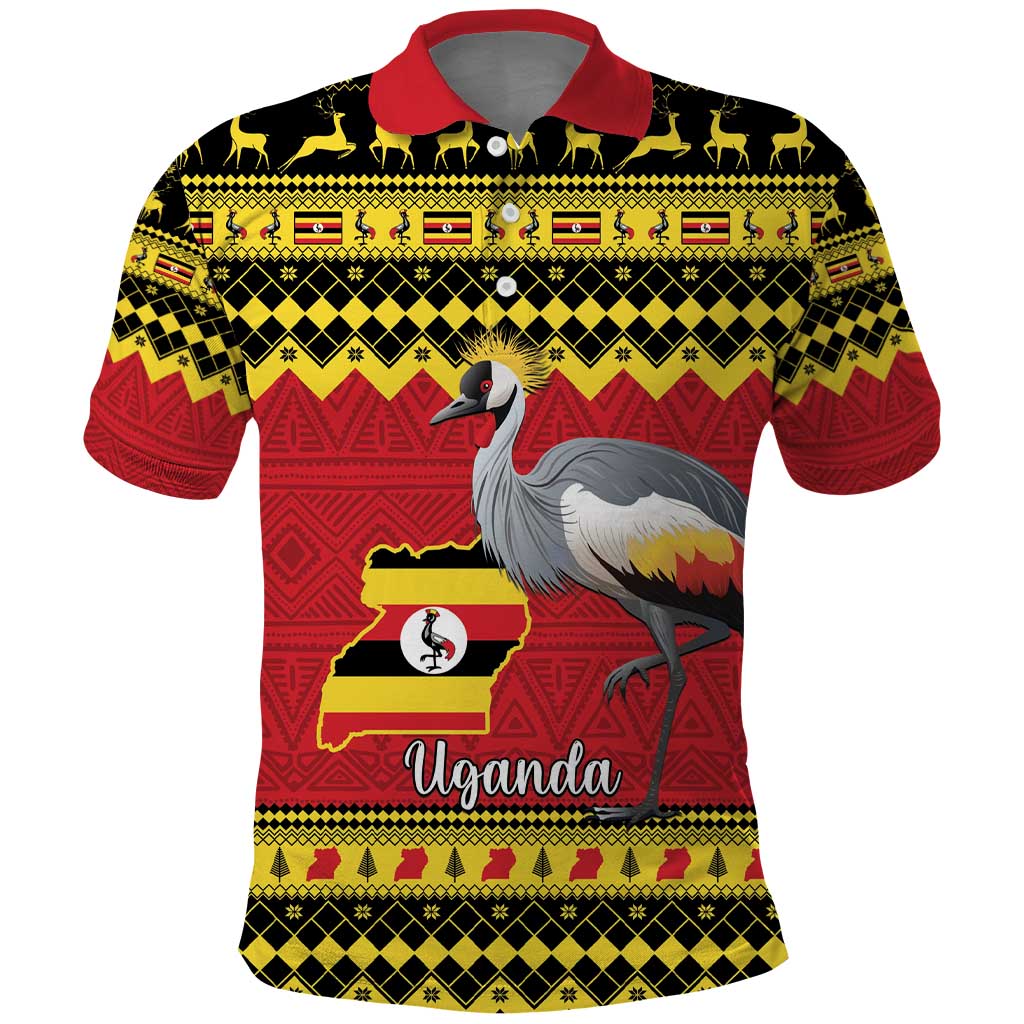 Uganda Christmas Polo Shirt Grey Crowned Crane With Flag Map - Wonder Print Shop