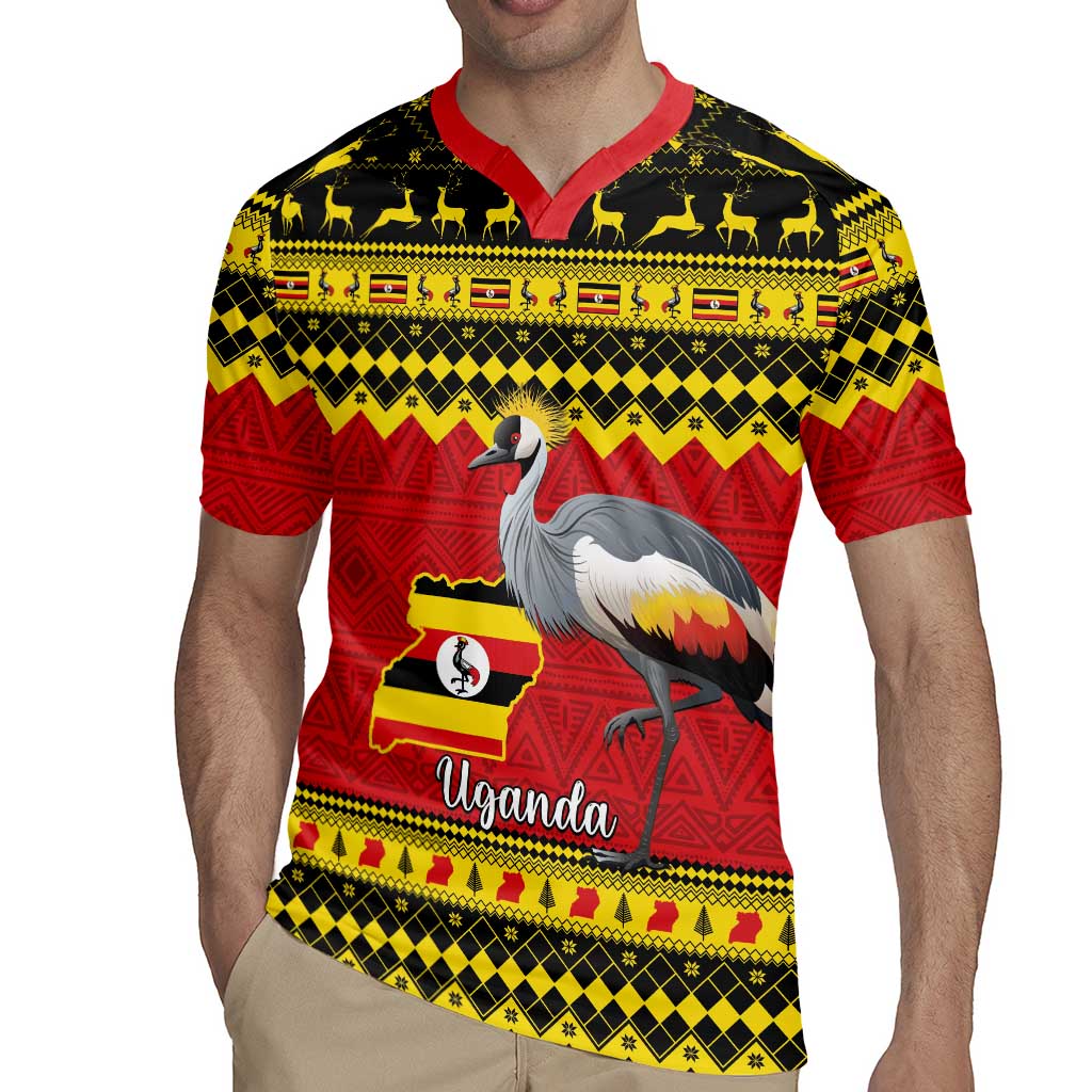 Uganda Christmas Rugby Jersey Grey Crowned Crane With Flag Map - Wonder Print Shop