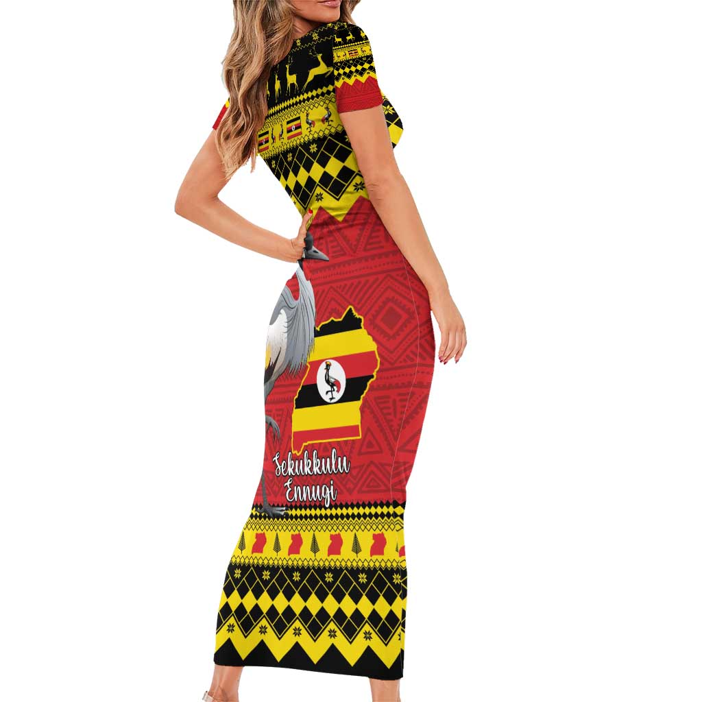 Uganda Christmas Short Sleeve Bodycon Dress Grey Crowned Crane With Flag Map - Wonder Print Shop