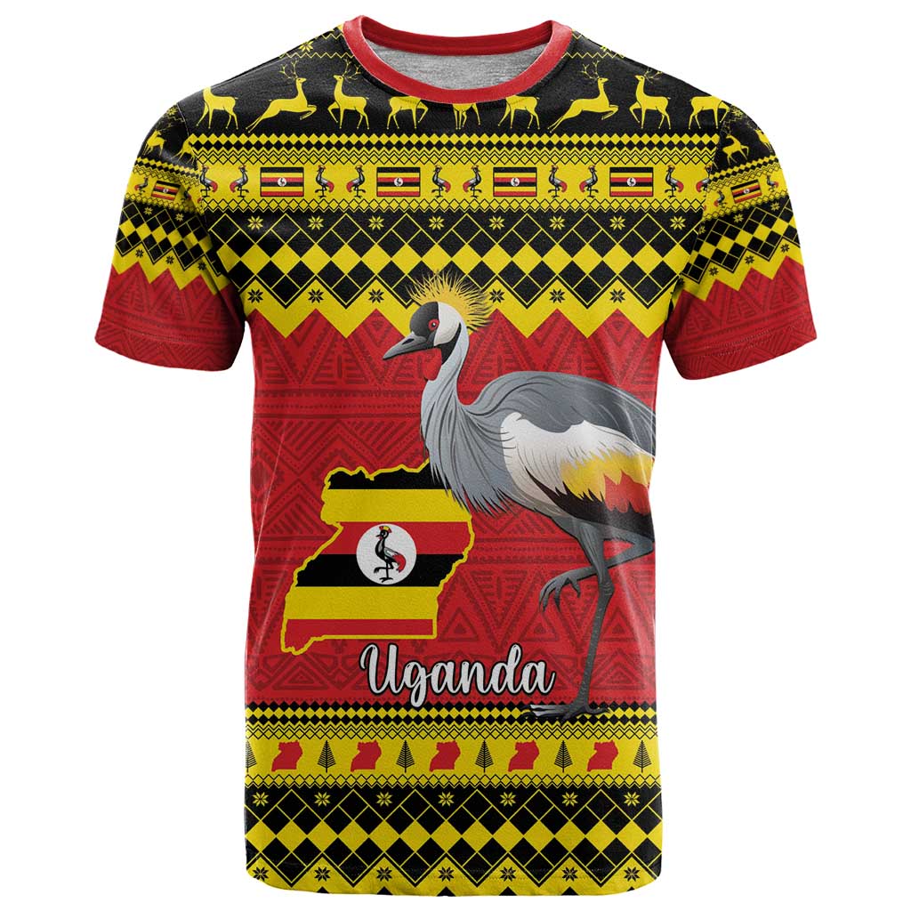 Uganda Christmas T Shirt Grey Crowned Crane With Flag Map - Wonder Print Shop