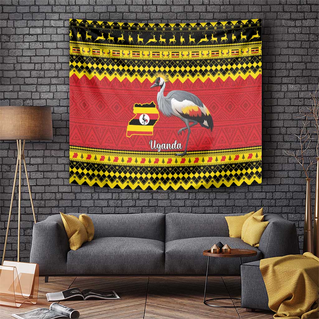 Uganda Christmas Tapestry Grey Crowned Crane With Flag Map - Wonder Print Shop