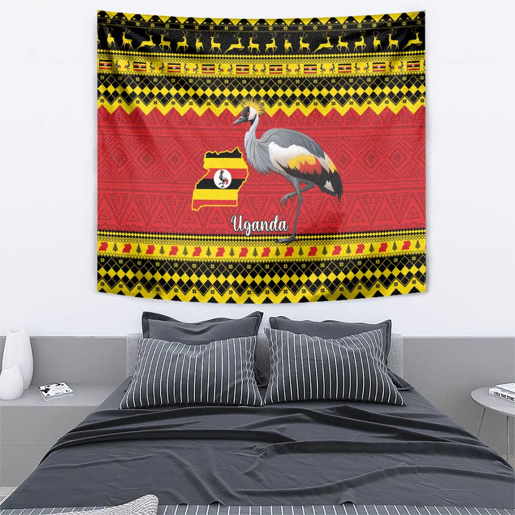 Uganda Christmas Tapestry Grey Crowned Crane With Flag Map - Wonder Print Shop