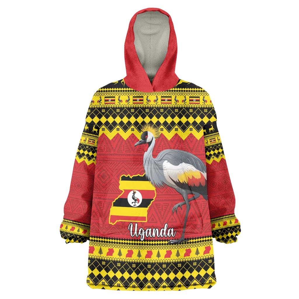 Uganda Christmas Wearable Blanket Hoodie Grey Crowned Crane With Flag Map - Wonder Print Shop