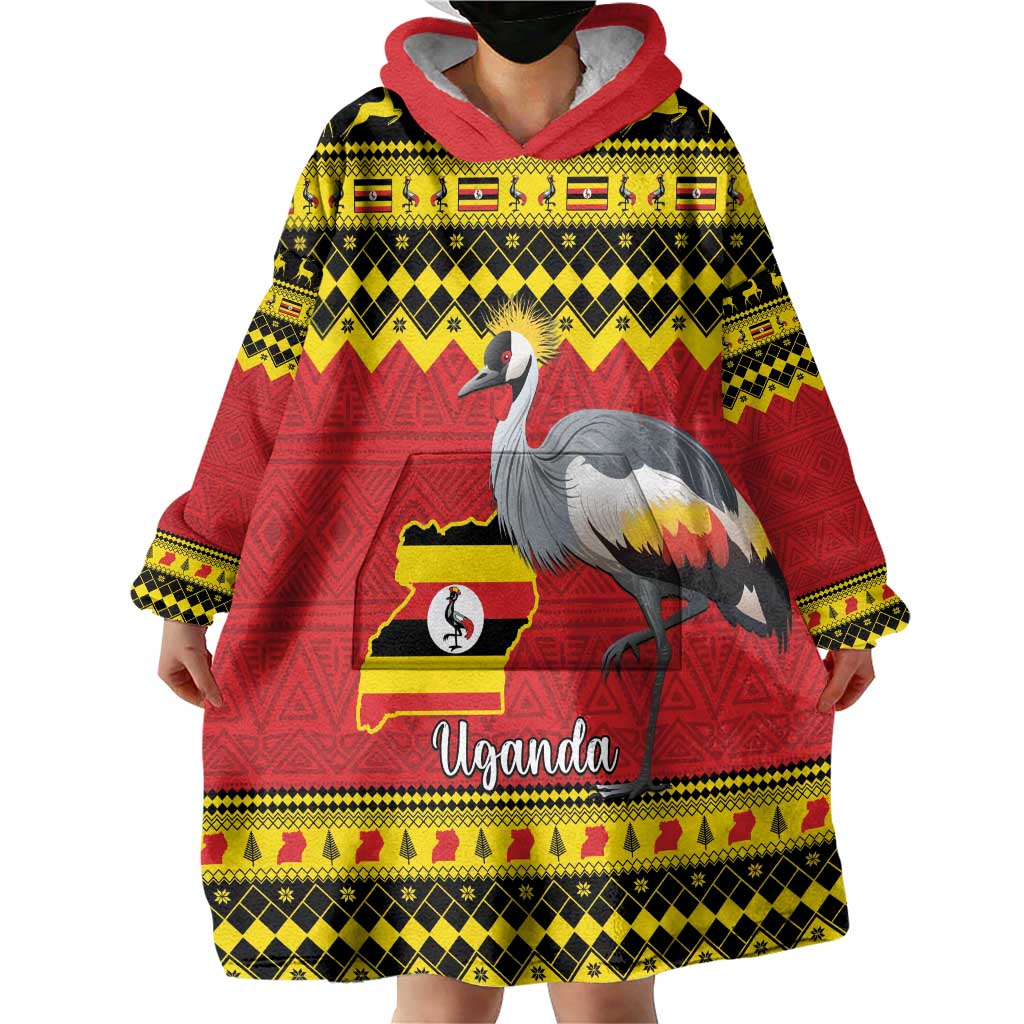 Uganda Christmas Wearable Blanket Hoodie Grey Crowned Crane With Flag Map - Wonder Print Shop