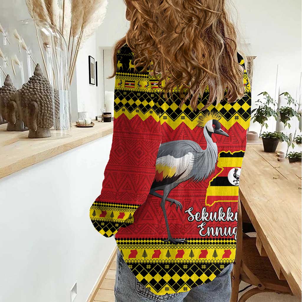 Uganda Christmas Women Casual Shirt Grey Crowned Crane With Flag Map - Wonder Print Shop