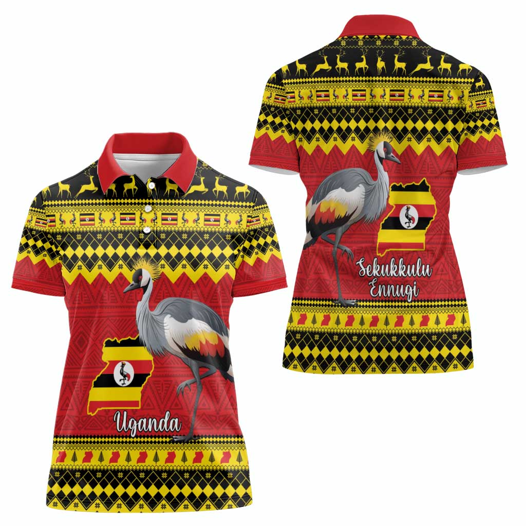 Uganda Christmas Women Polo Shirt Grey Crowned Crane With Flag Map - Wonder Print Shop