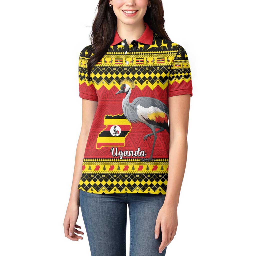 Uganda Christmas Women Polo Shirt Grey Crowned Crane With Flag Map - Wonder Print Shop