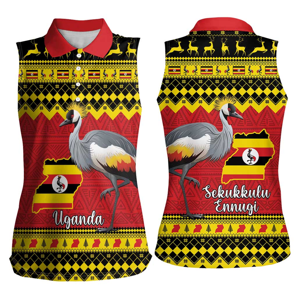 Uganda Christmas Women Sleeveless Polo Shirt Grey Crowned Crane With Flag Map - Wonder Print Shop