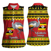 Uganda Christmas Women Sleeveless Polo Shirt Grey Crowned Crane With Flag Map - Wonder Print Shop