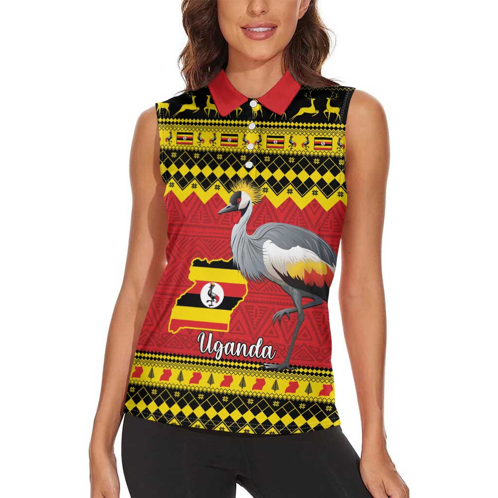 Uganda Christmas Women Sleeveless Polo Shirt Grey Crowned Crane With Flag Map - Wonder Print Shop