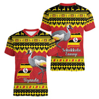 Uganda Christmas Women V-Neck T-Shirt Grey Crowned Crane With Flag Map - Wonder Print Shop