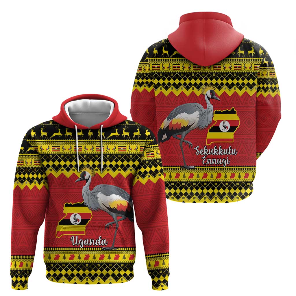 Uganda Christmas Zip Hoodie Grey Crowned Crane With Flag Map - Wonder Print Shop
