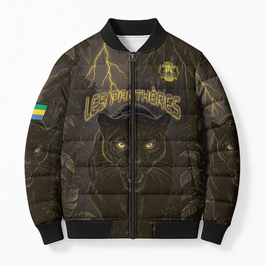 Custom Gabon Football Bomber Puffer Jacket Black Panther Thunder - Wonder Print Shop