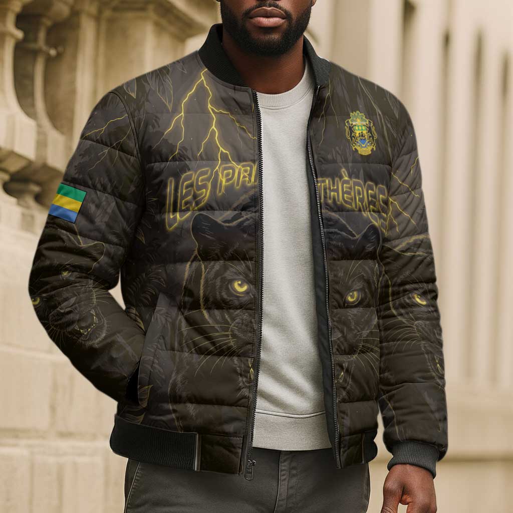 Custom Gabon Football Bomber Puffer Jacket Black Panther Thunder - Wonder Print Shop