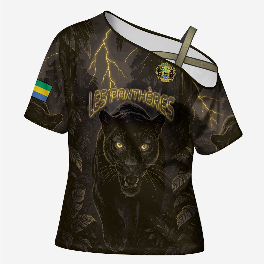 Custom Gabon Football Cross Shoulder Shirt Black Panther Thunder - Wonder Print Shop