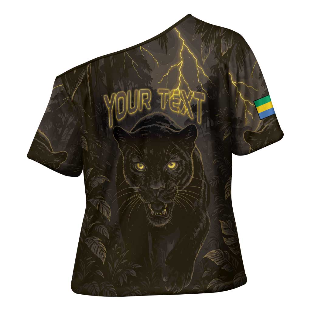 Custom Gabon Football Cross Shoulder Shirt Black Panther Thunder - Wonder Print Shop