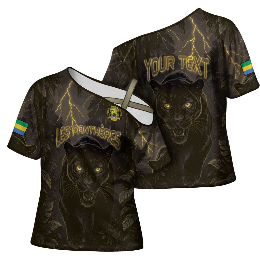 Custom Gabon Football Cross Shoulder Shirt Black Panther Thunder - Wonder Print Shop