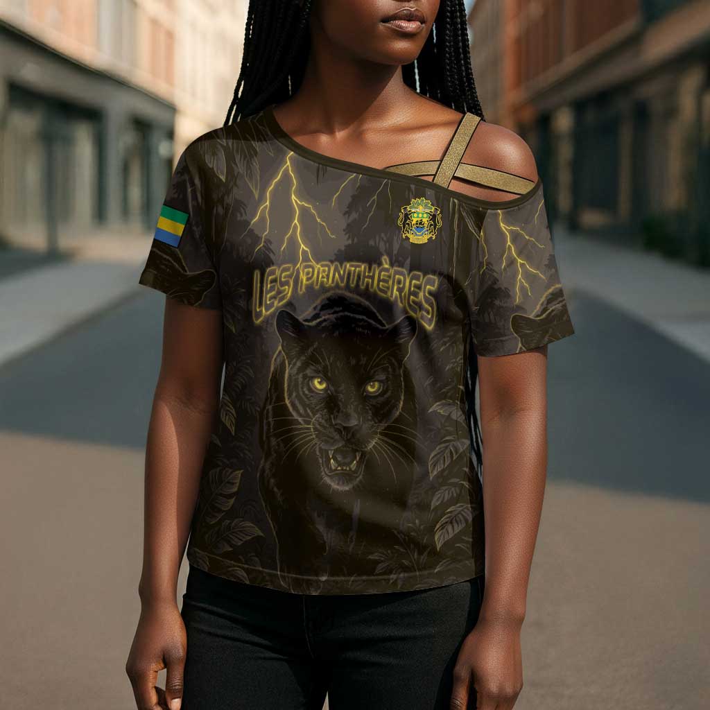 Custom Gabon Football Cross Shoulder Shirt Black Panther Thunder - Wonder Print Shop