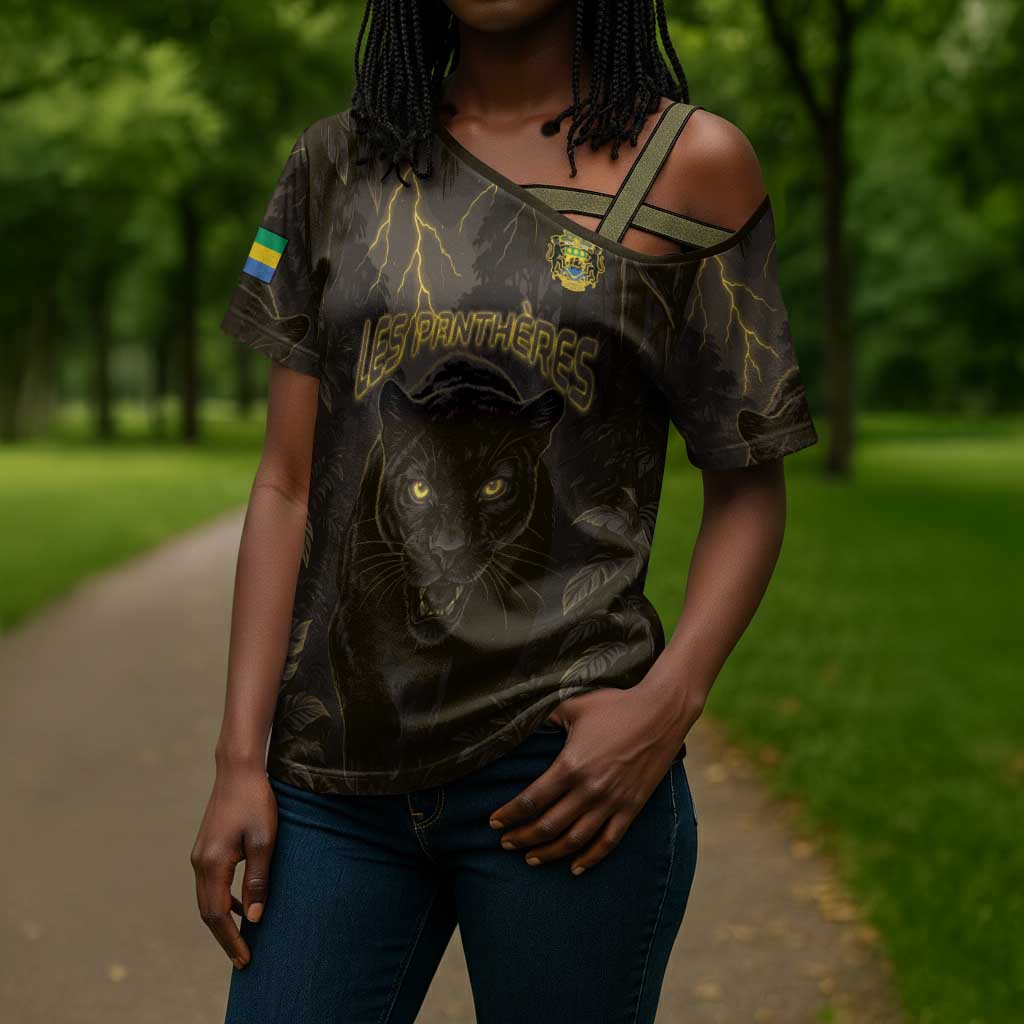 Custom Gabon Football Cross Shoulder Shirt Black Panther Thunder - Wonder Print Shop