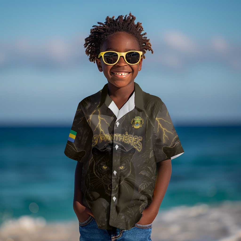 Custom Gabon Football Kid Hawaiian Shirt Black Panther Thunder - Wonder Print Shop