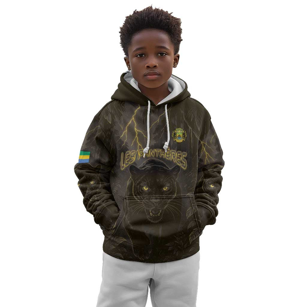 Custom Gabon Football Kid Hoodie Black Panther Thunder - Wonder Print Shop