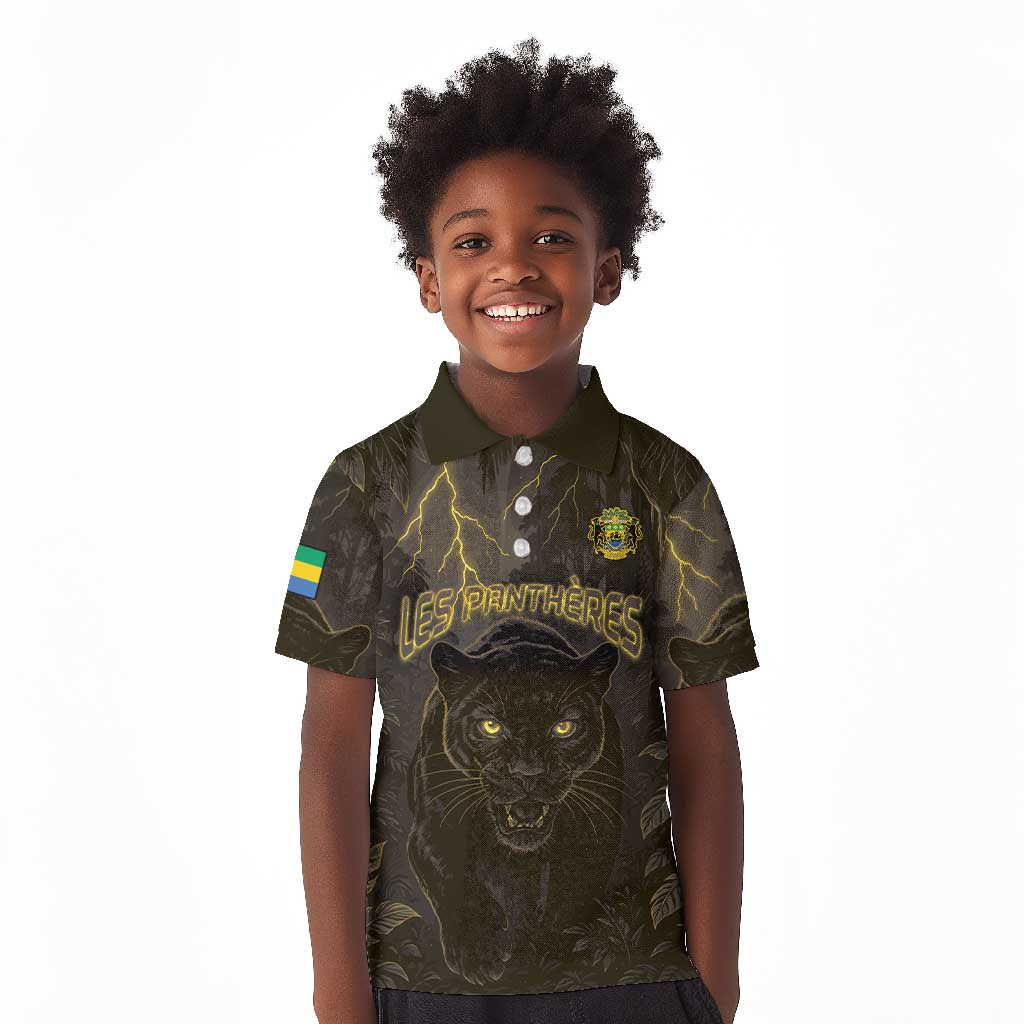 Custom Gabon Football Kid Polo Shirt Black Panther Thunder - Wonder Print Shop