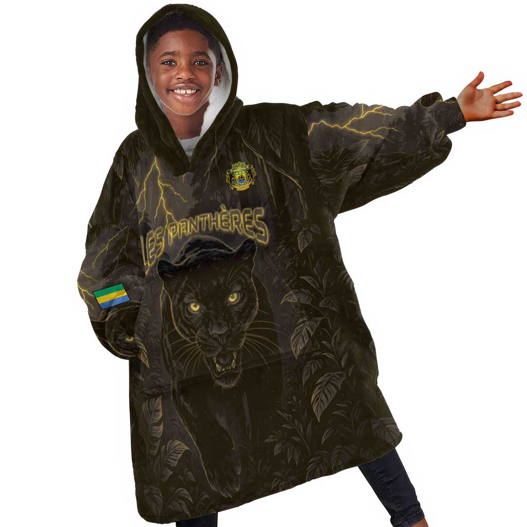 Custom Gabon Football Kid Wearable Blanket Hoodie Black Panther Thunder - Wonder Print Shop