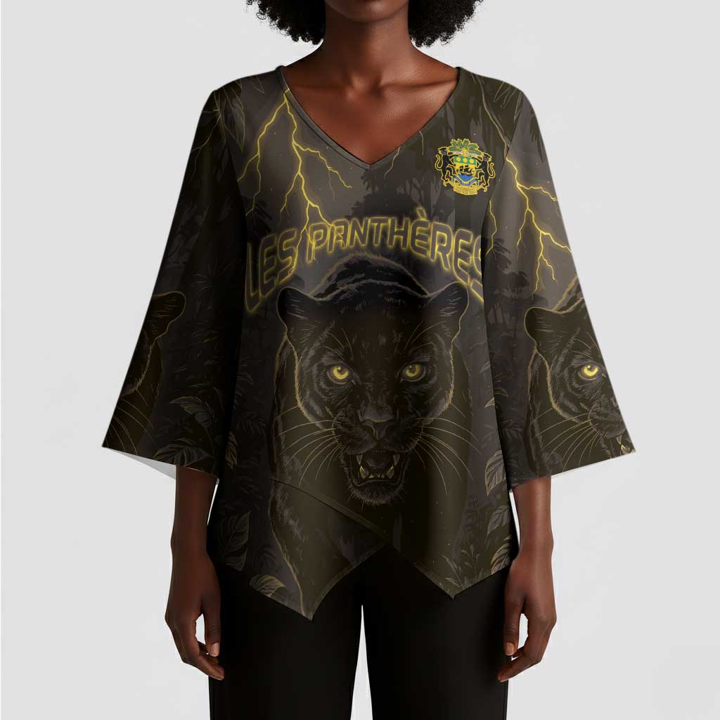 Custom Gabon Football Kimono Sleeve Blouse Black Panther Thunder - Wonder Print Shop