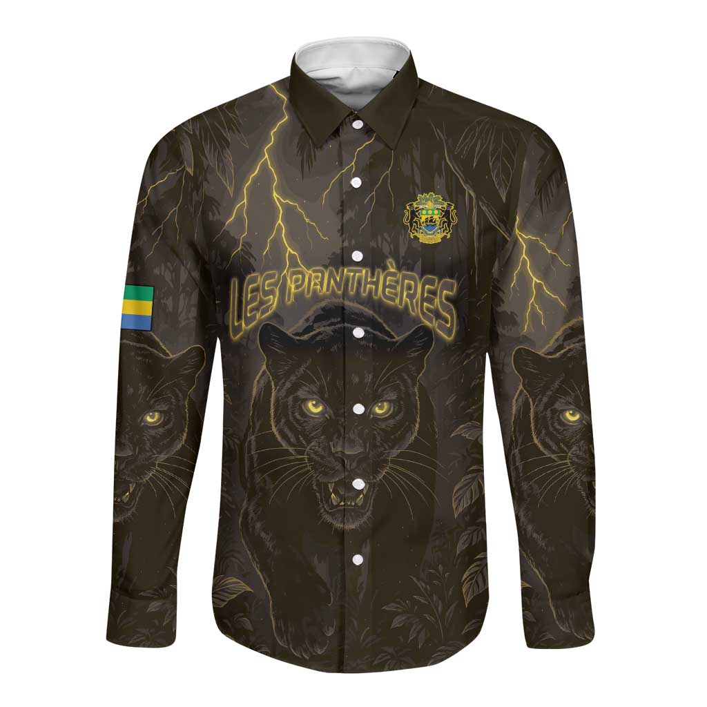 Custom Gabon Football Long Sleeve Button Shirt Black Panther Thunder - Wonder Print Shop
