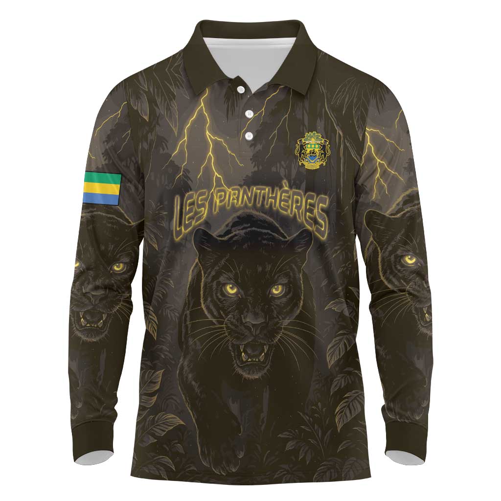Custom Gabon Football Long Sleeve Polo Shirt Black Panther Thunder - Wonder Print Shop