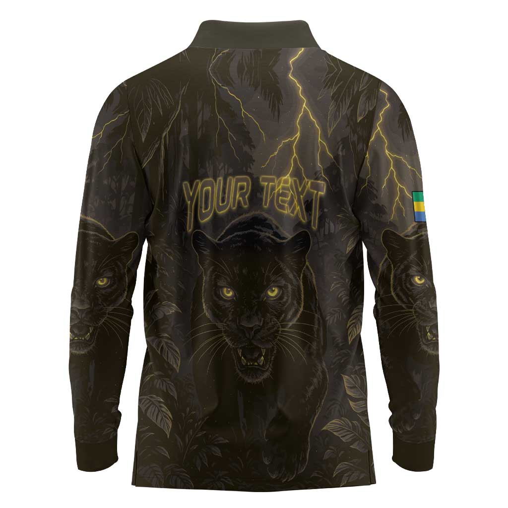 Custom Gabon Football Long Sleeve Polo Shirt Black Panther Thunder - Wonder Print Shop