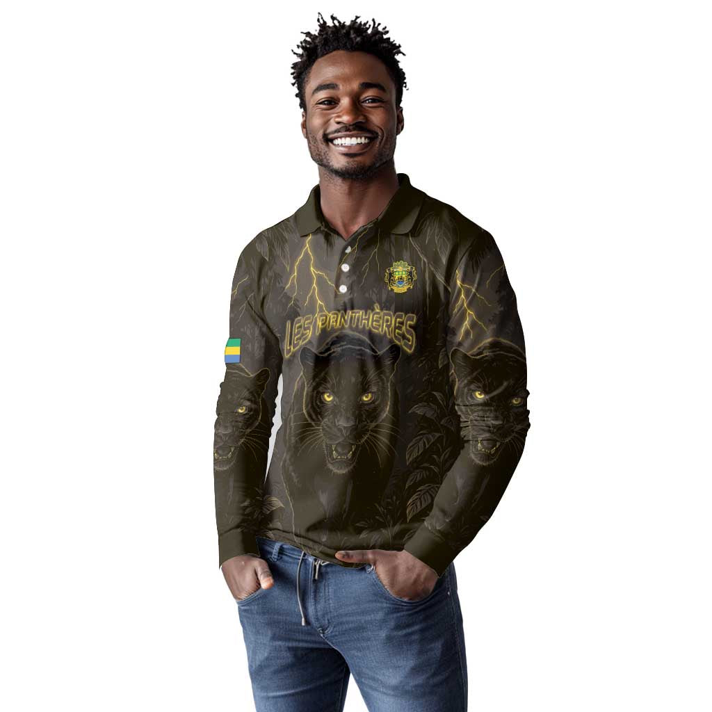 Custom Gabon Football Long Sleeve Polo Shirt Black Panther Thunder - Wonder Print Shop