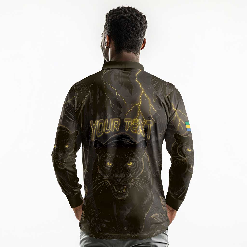 Custom Gabon Football Long Sleeve Polo Shirt Black Panther Thunder - Wonder Print Shop