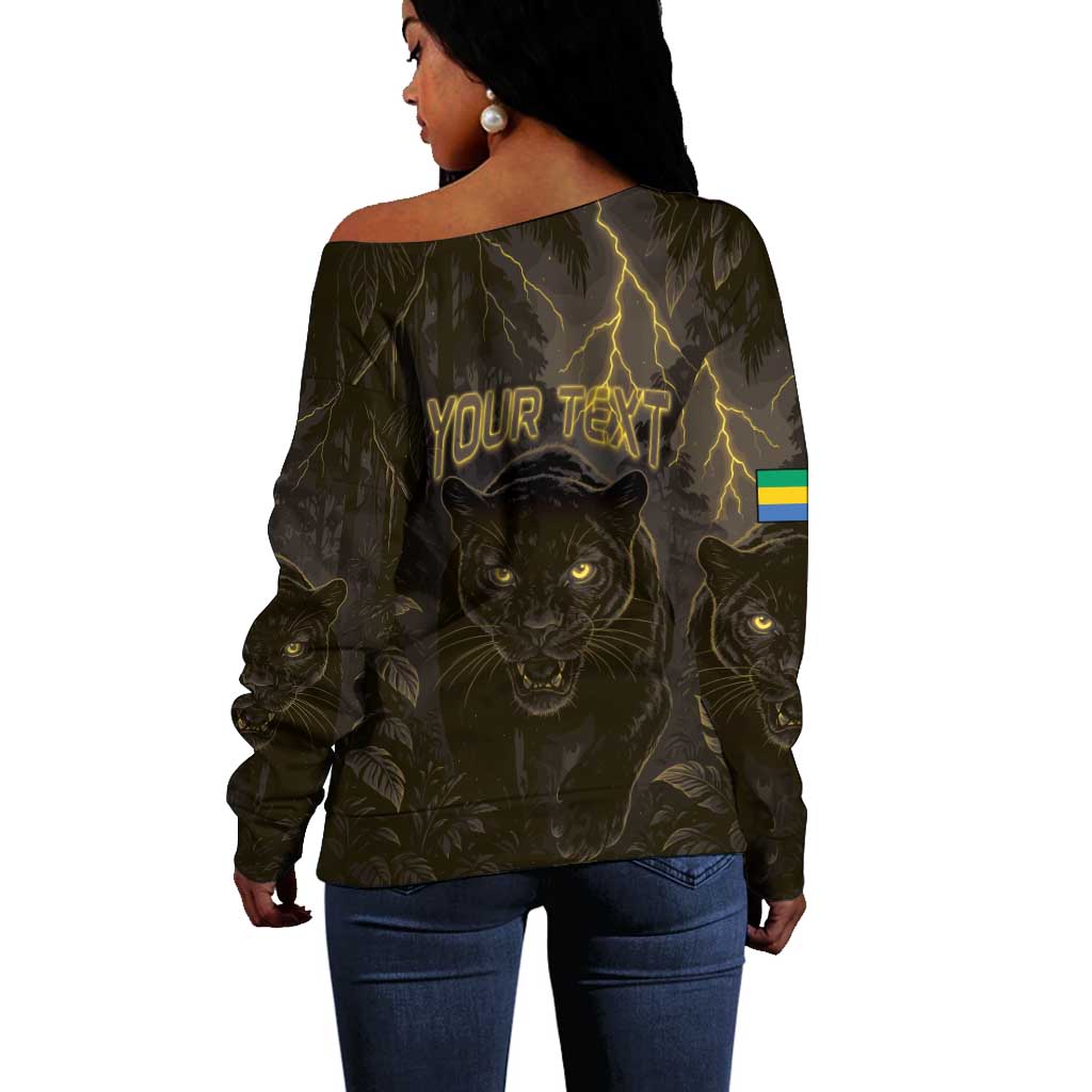 Custom Gabon Football Off Shoulder Sweater Black Panther Thunder - Wonder Print Shop