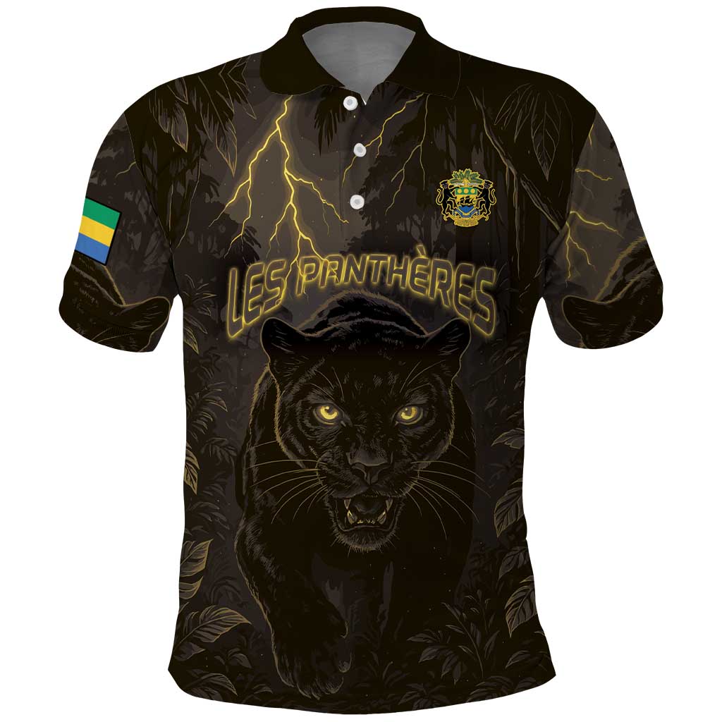 Custom Gabon Football Polo Shirt Black Panther Thunder - Wonder Print Shop