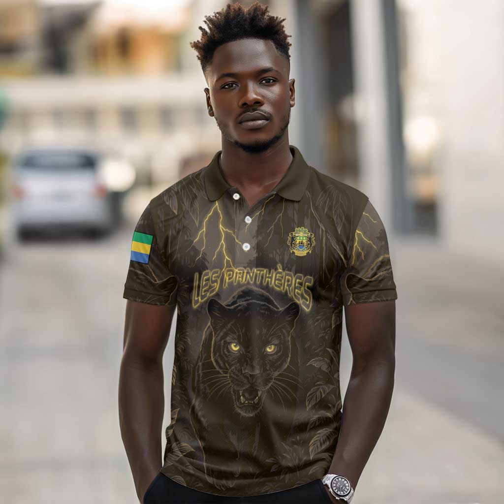 Custom Gabon Football Polo Shirt Black Panther Thunder - Wonder Print Shop